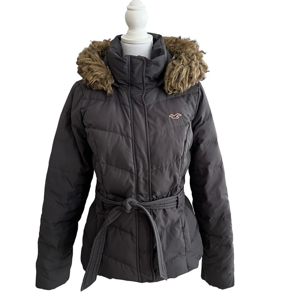Vintage Y2K Hollister Womens Down Puffer Parka Jacket Size L Faux Fur Trim Hood